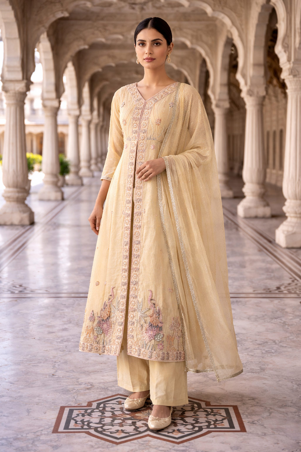Neerus Beige tissue embellished suit set - front view