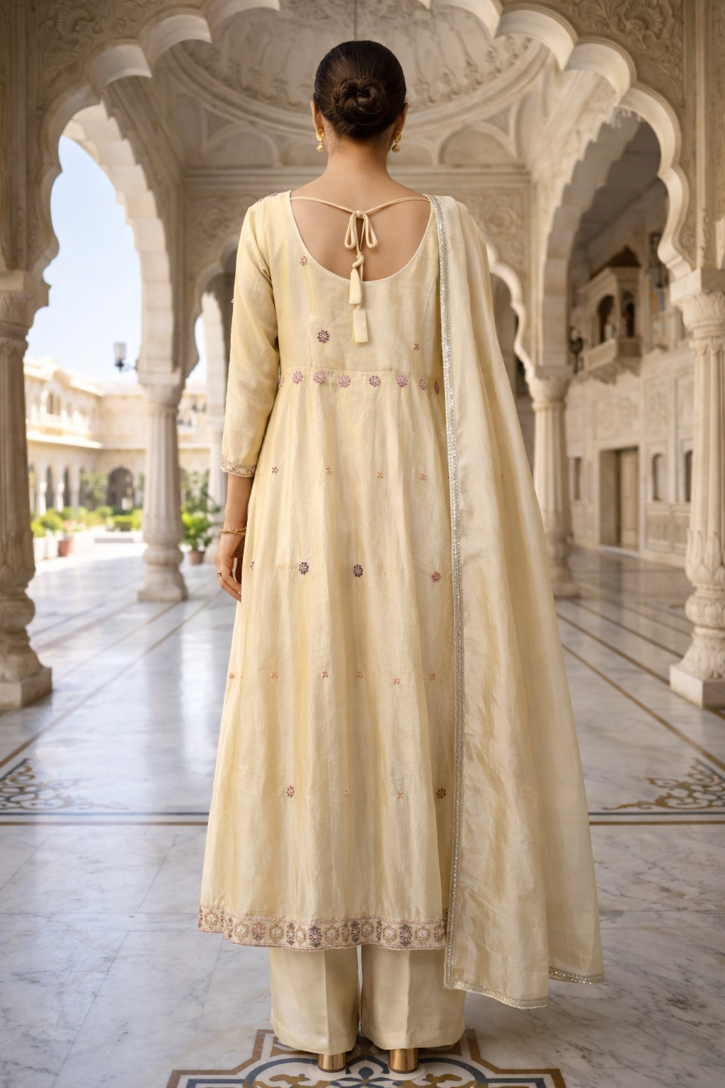 Neerus Beige tissue embellished suit set - side view