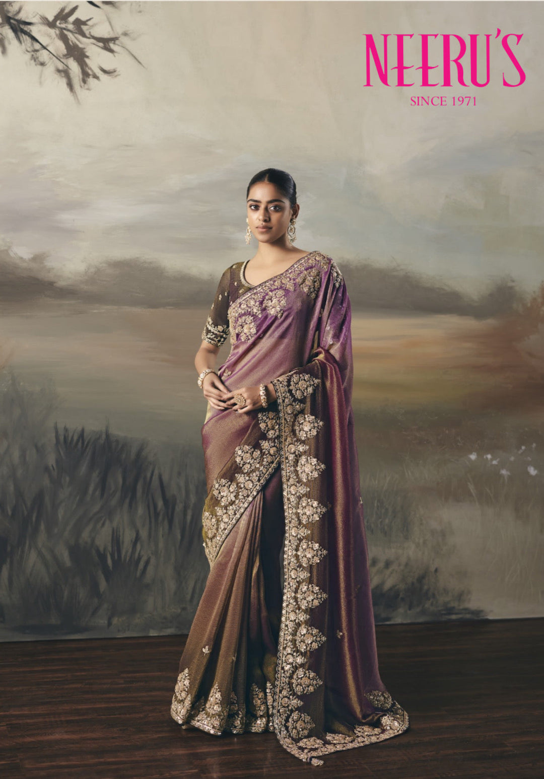 Neerus Purple tissue hand embroidered saree - front view