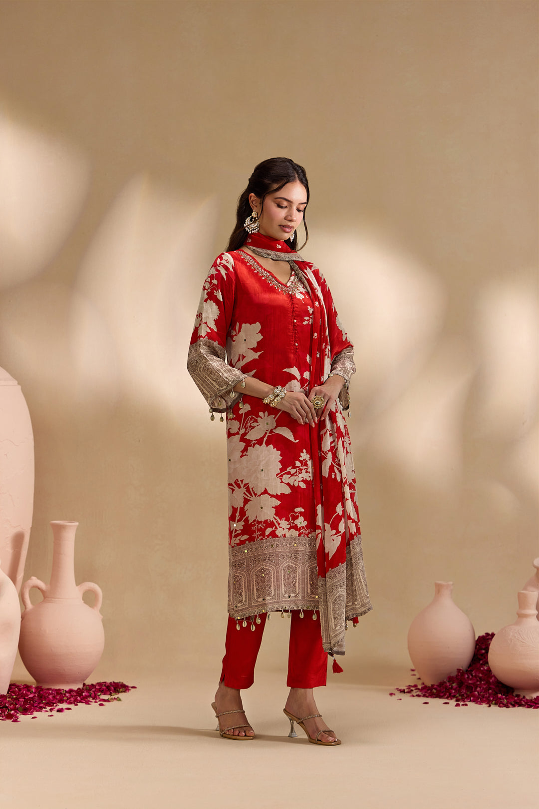 Red Crepe Vintage Floral Printed Three Piece Set