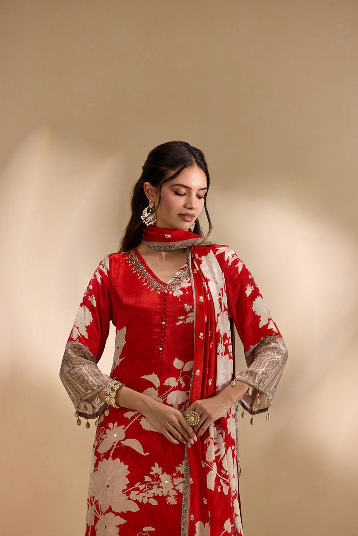 Red Crepe Vintage Floral Printed Three Piece Set
