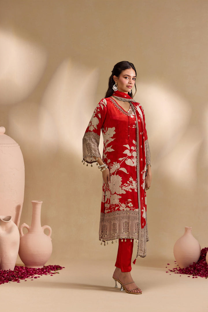 Red Crepe Vintage Floral Printed Three Piece Set