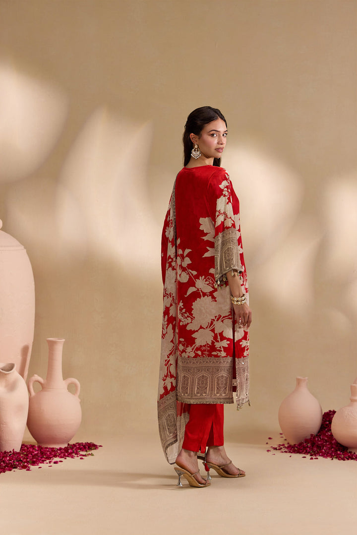 Red Crepe Vintage Floral Printed Three Piece Set