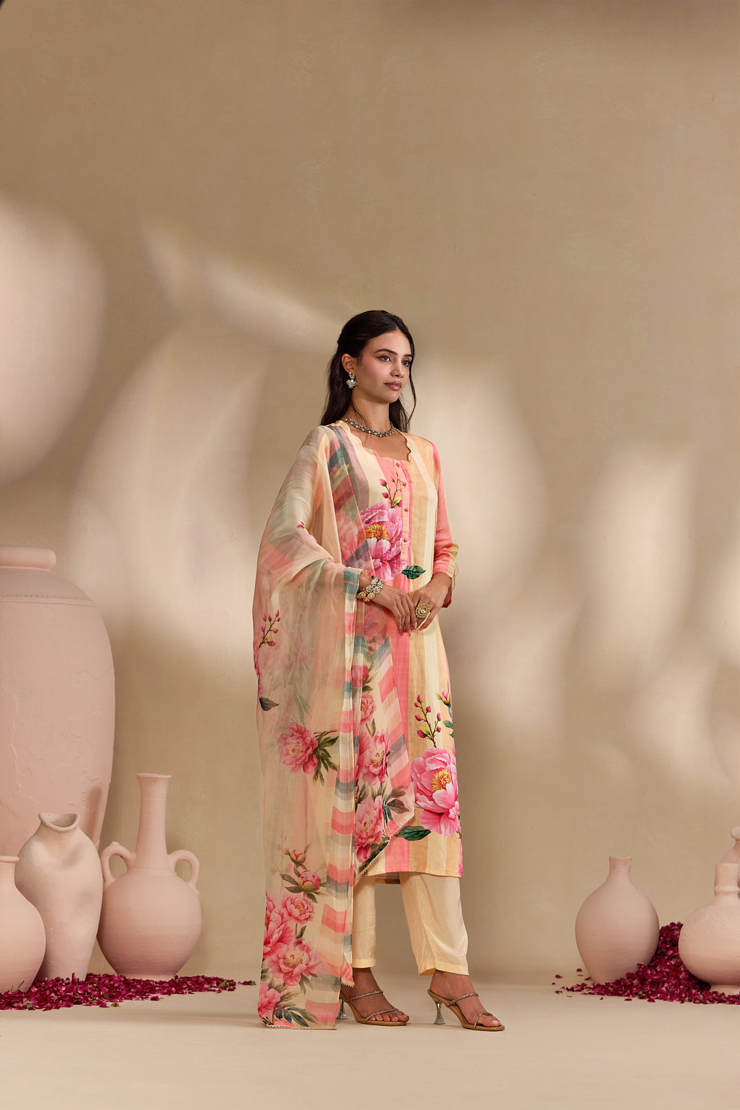 Peach Linen Rose Floral Printed Three Piece Set