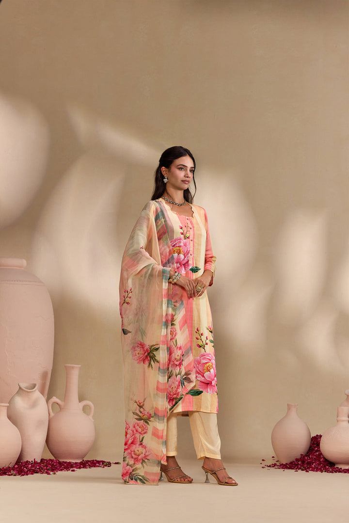 Peach Linen Rose Floral Printed Three Piece Set