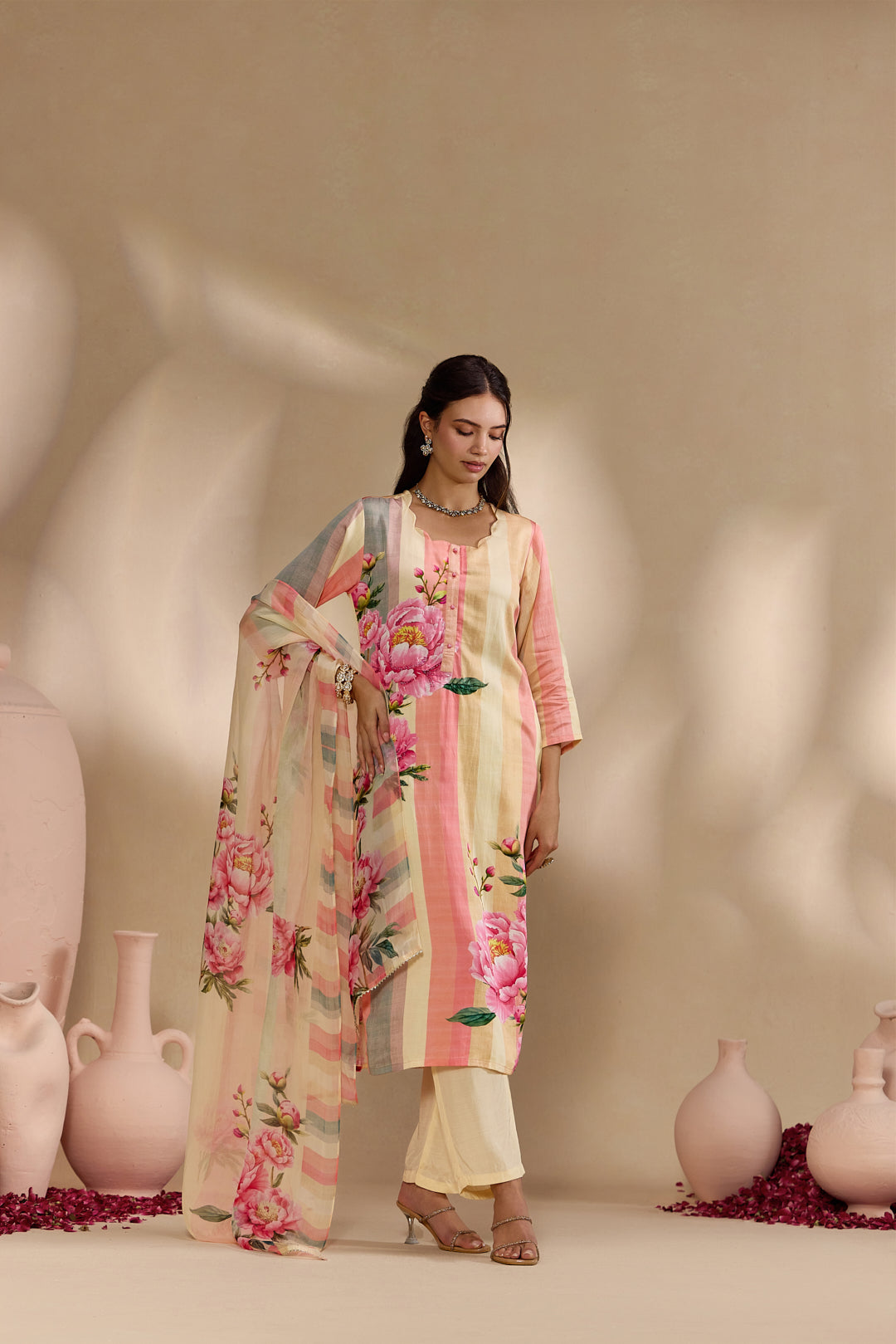 Peach Linen Rose Floral Printed Three Piece Set
