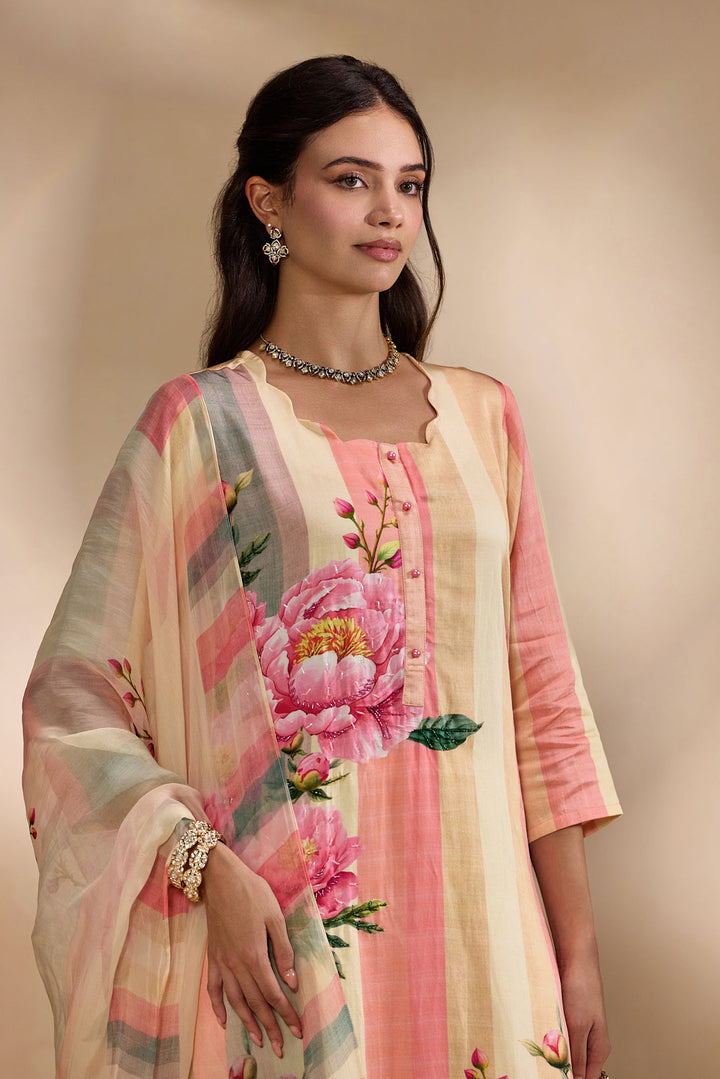 Peach Linen Rose Floral Printed Three Piece Set
