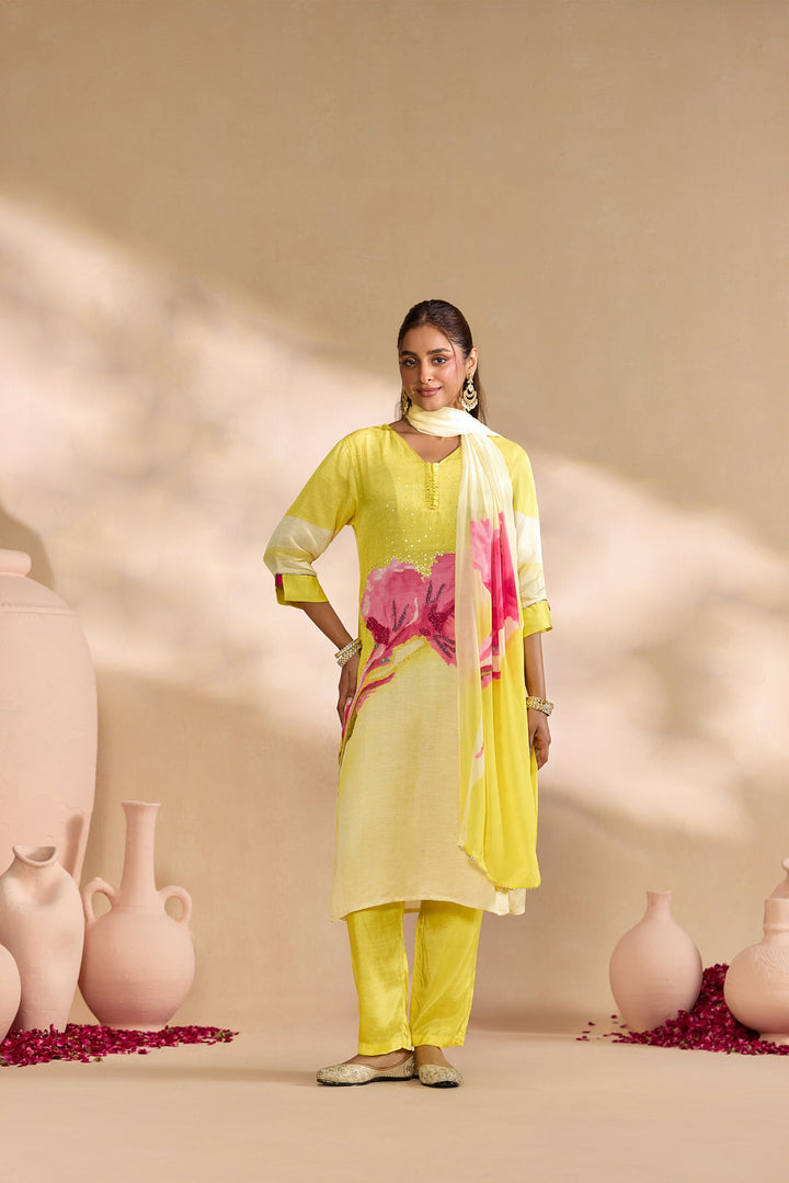 Lemon Linen Floral Embroidered Three Piece Set
