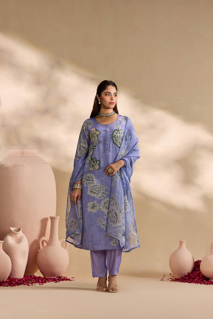 Lavender Linen Floral Bloom Printed Three Piece Set