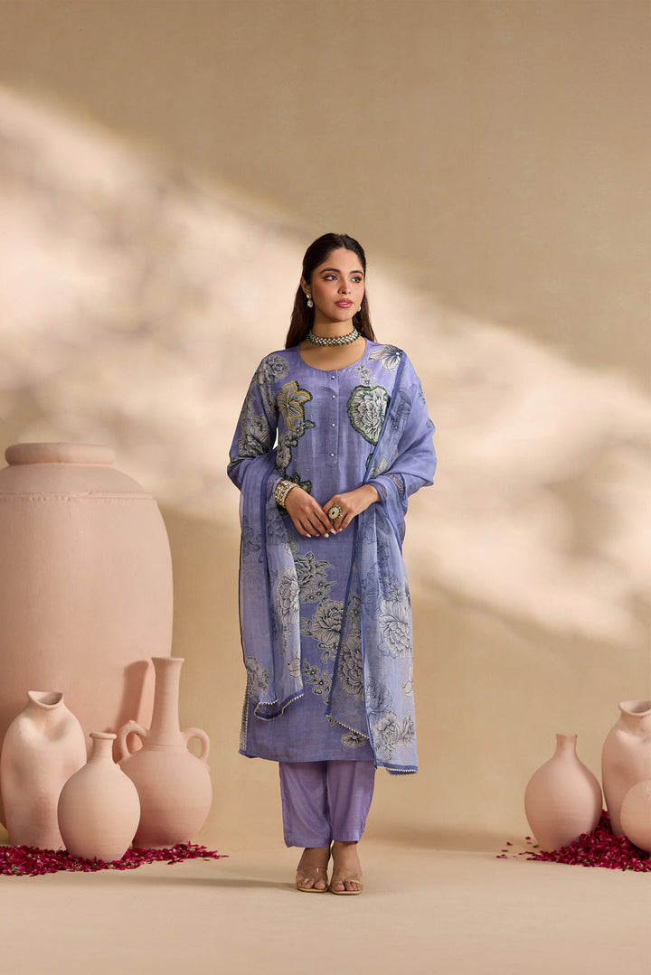 Lavender Linen Floral Bloom Printed Three Piece Set