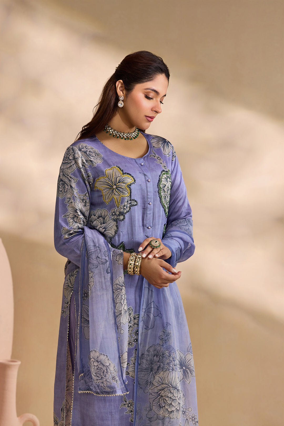 Lavender Linen Floral Bloom Printed Three Piece Set