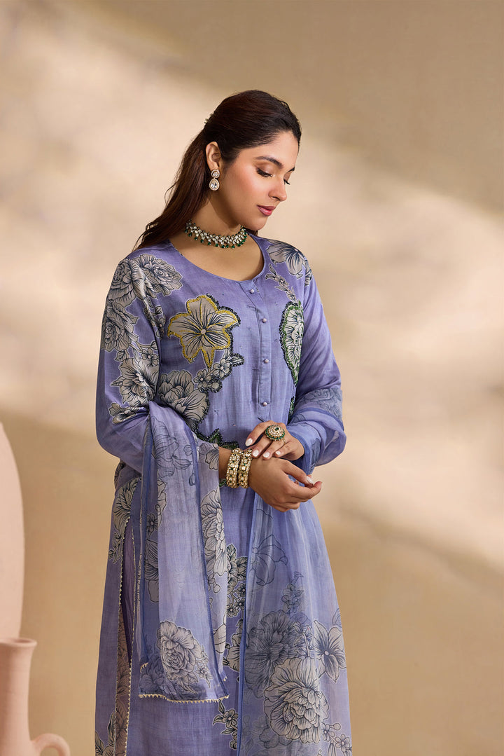 Lavender Linen Floral Bloom Printed Three Piece Set