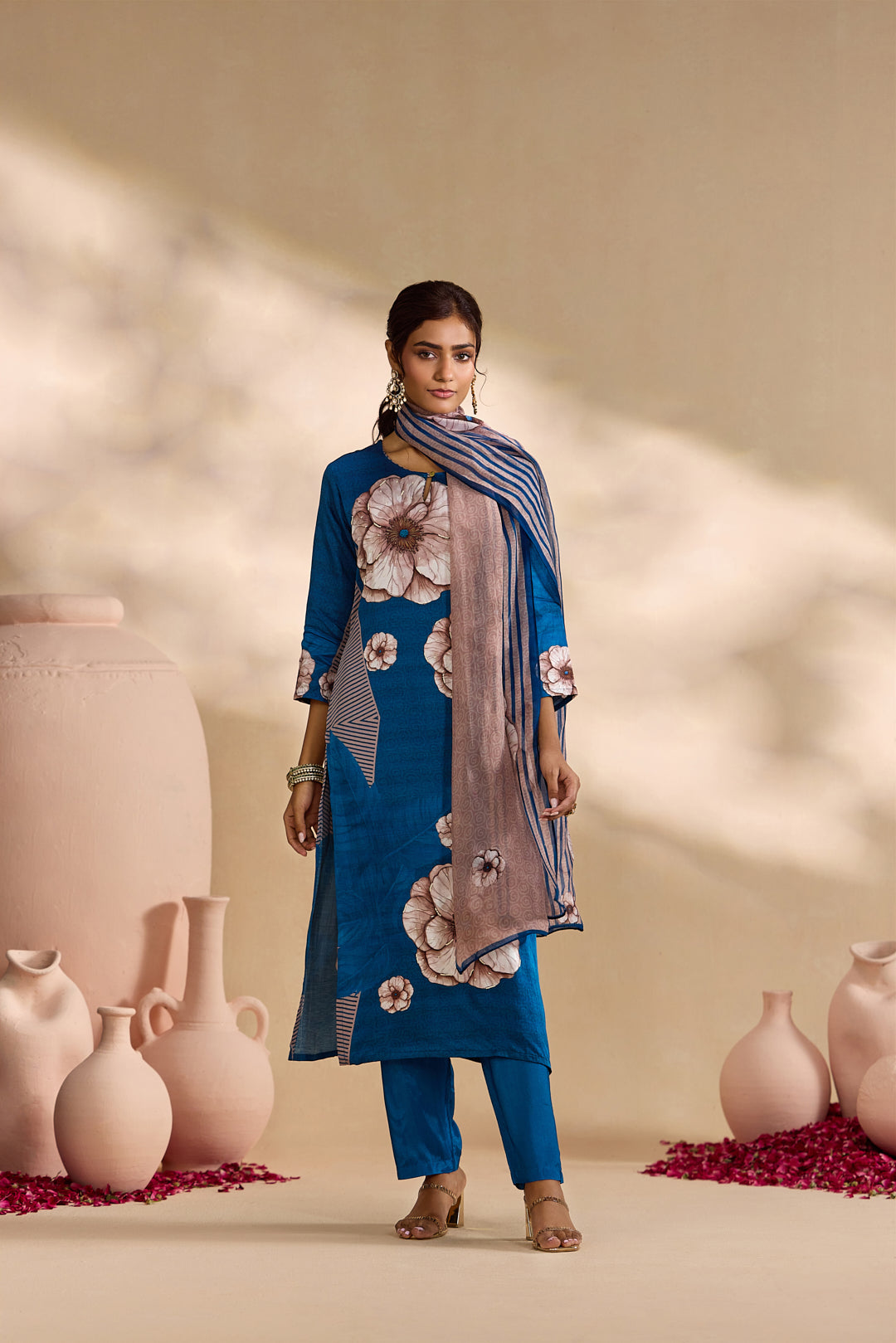 Teal Blue Linen Bold Floral Printed Three Piece Set