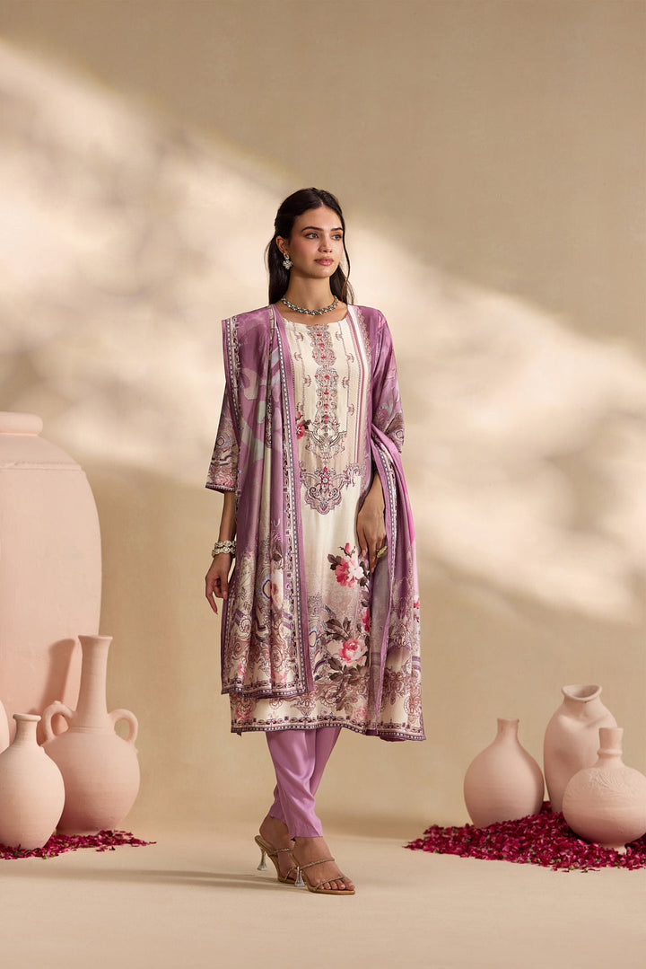 Lilac Silk Ethnic Motif Printed Three Piece Set