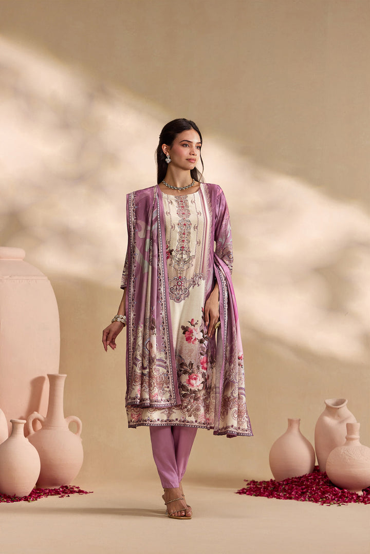 Lilac Silk Ethnic Motif Printed Three Piece Set