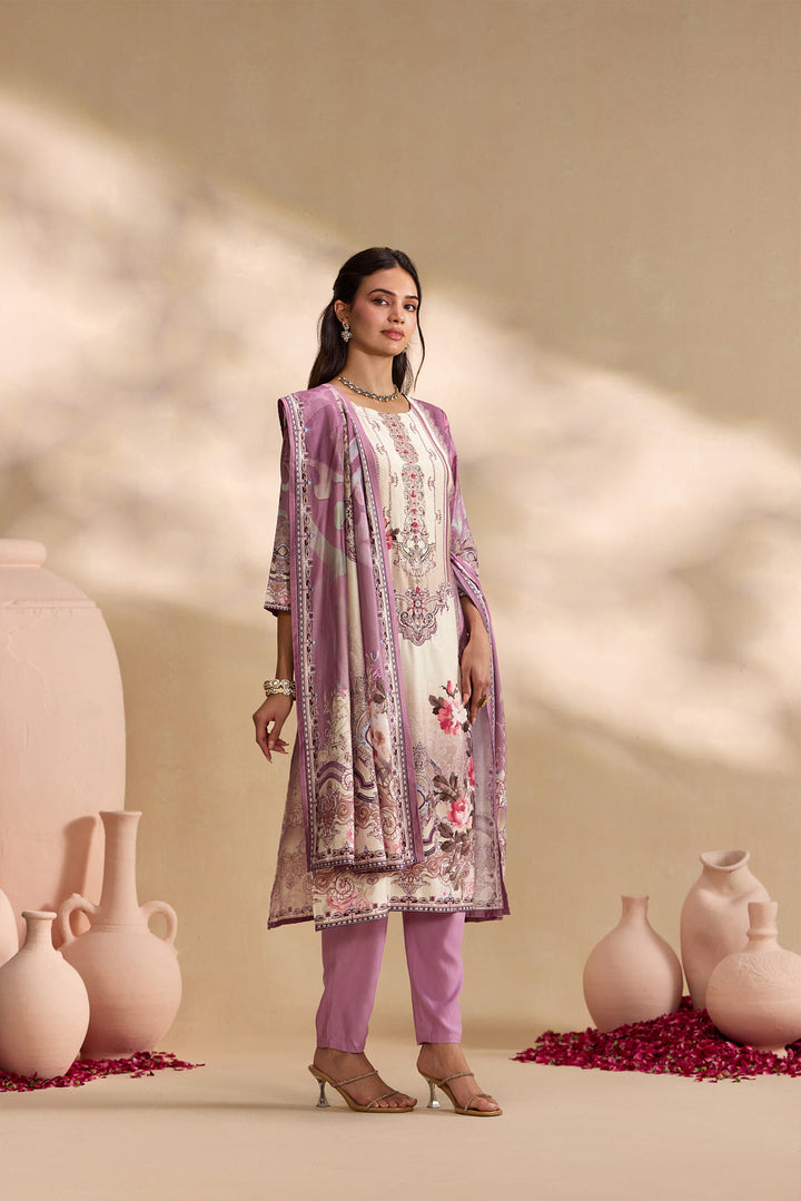 Lilac Silk Ethnic Motif Printed Three Piece Set