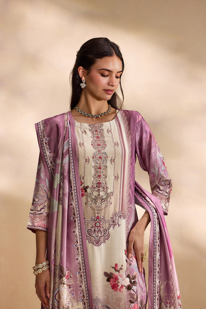 Lilac Silk Ethnic Motif Printed Three Piece Set