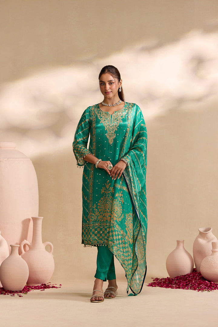 Green Crepe Foil Printed Three Piece Set