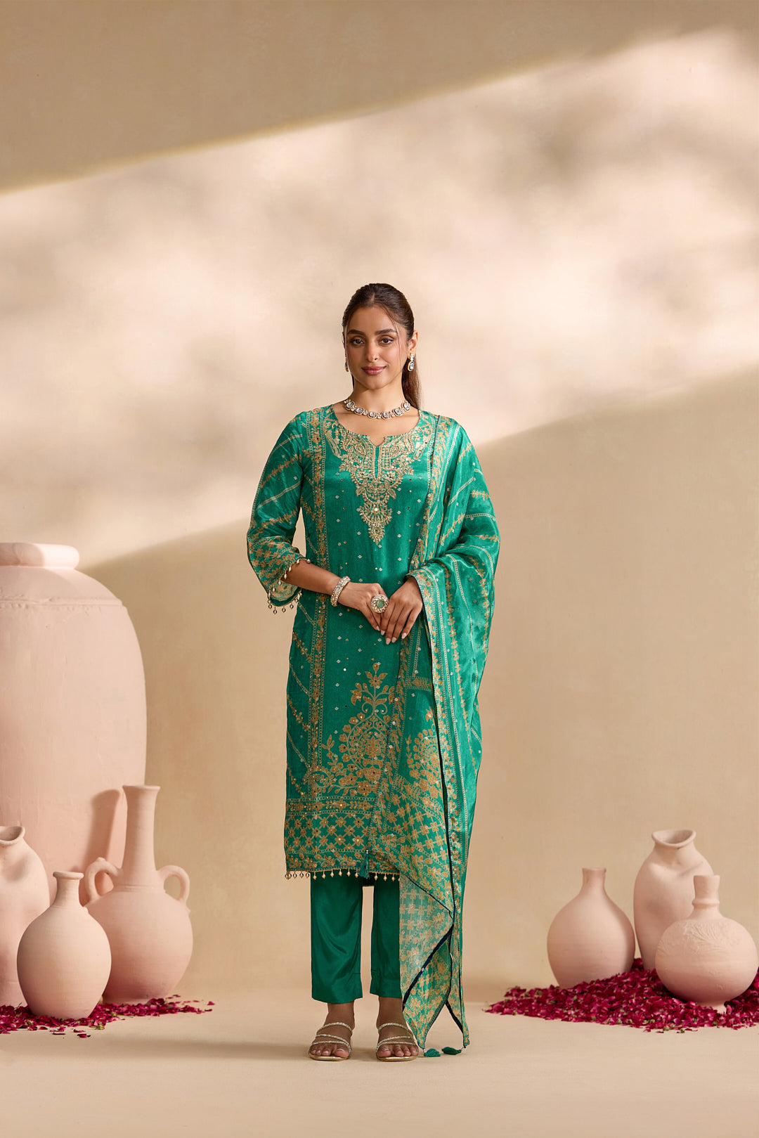 Green Crepe Foil Printed Three Piece Set
