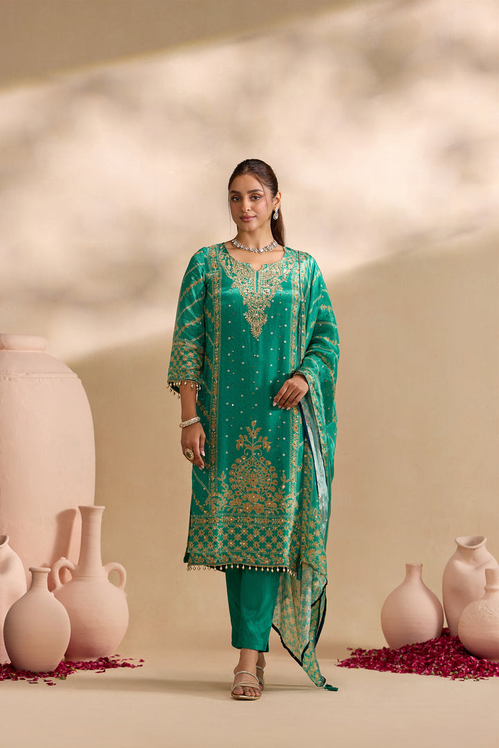 Green Crepe Foil Printed Three Piece Set
