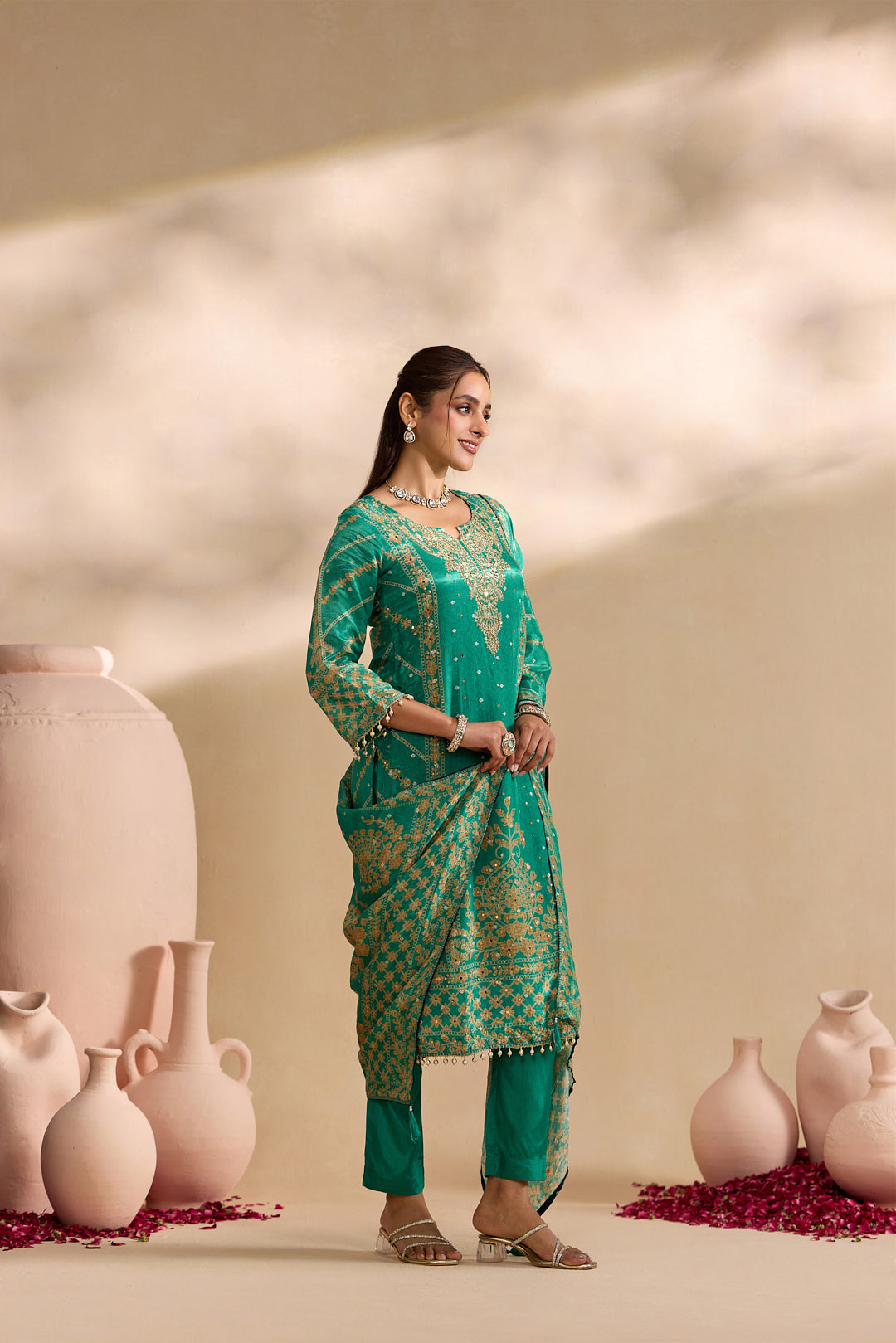 Green Crepe Foil Printed Three Piece Set