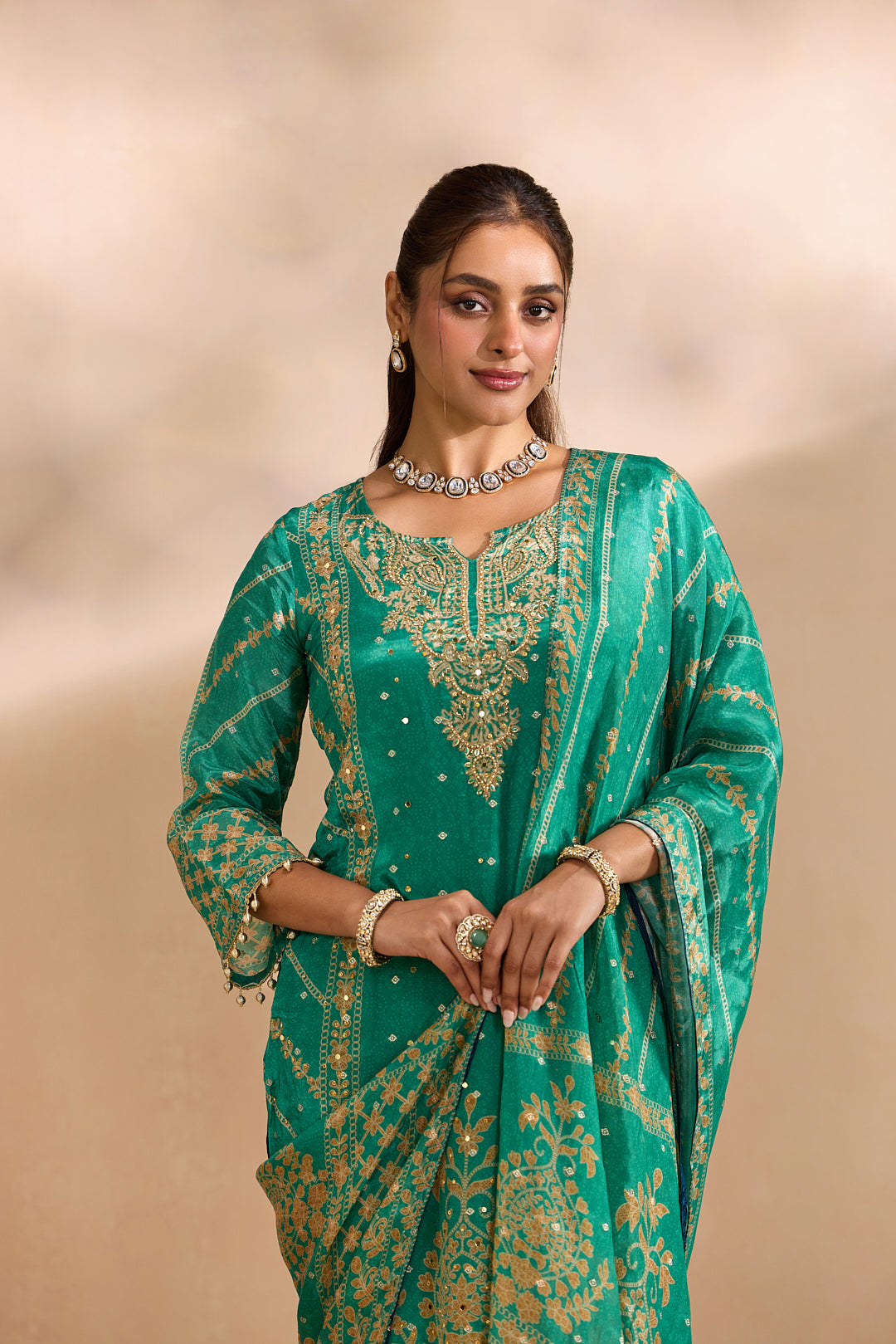Green Crepe Foil Printed Three Piece Set