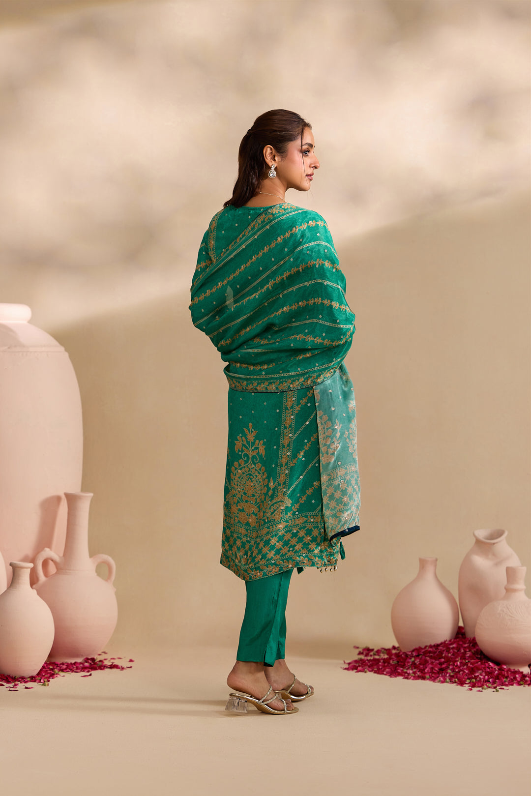 Green Crepe Foil Printed Three Piece Set