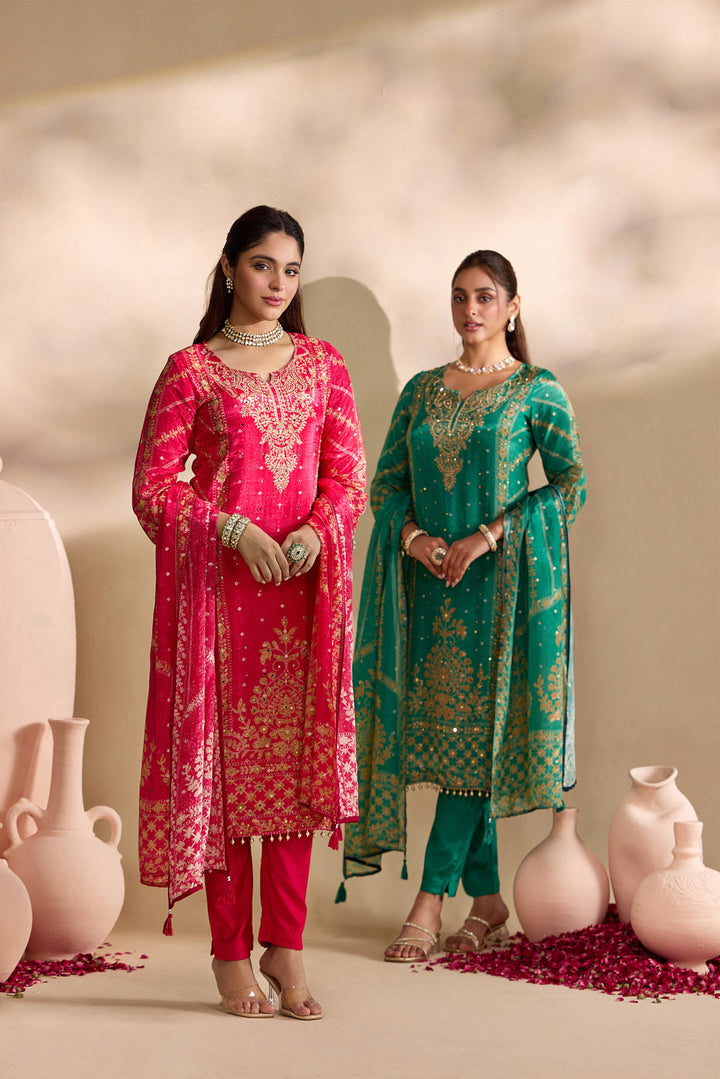 Rani Pink Crepe Foil Printed Three Piece Set