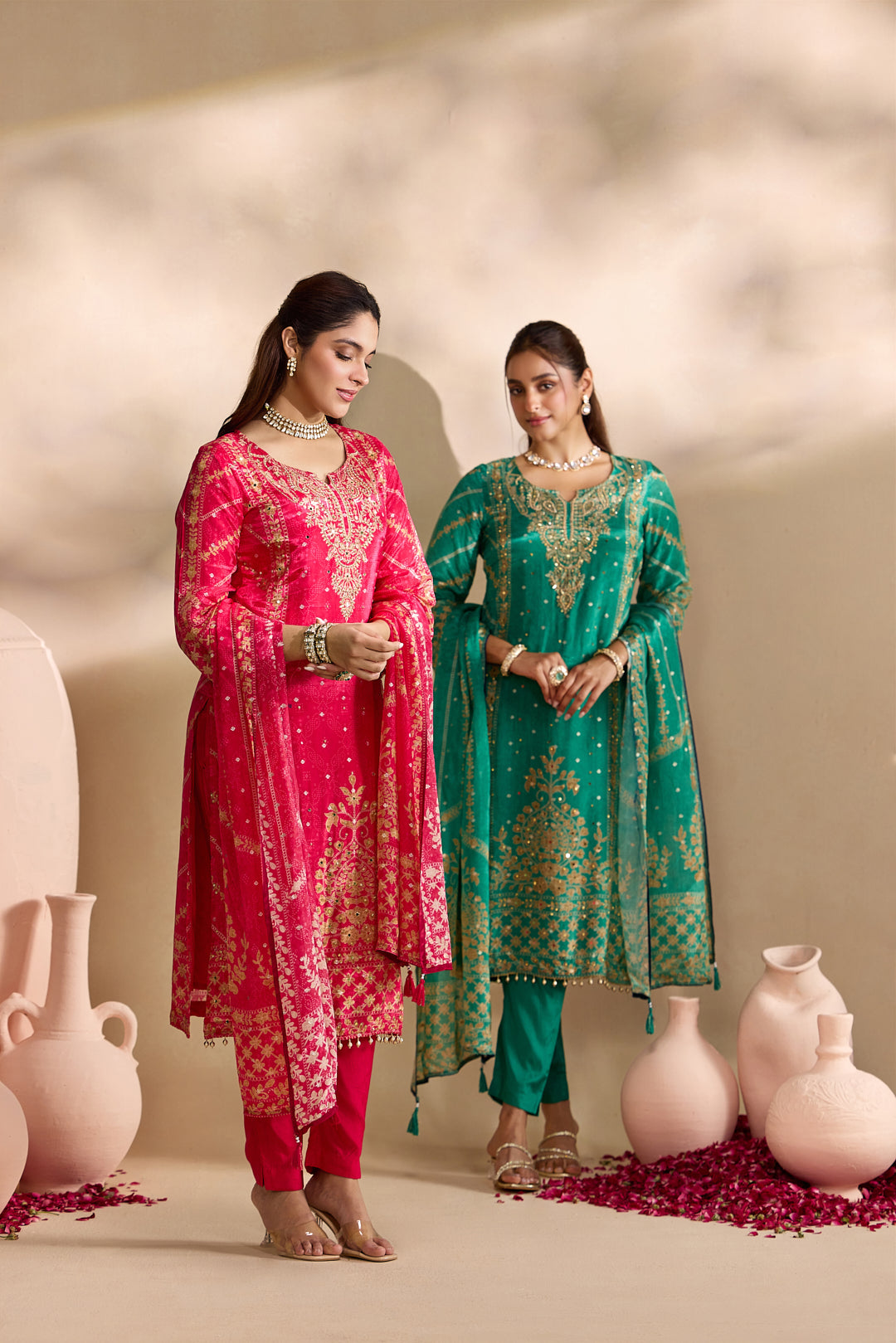 Rani Pink Crepe Foil Printed Three Piece Set
