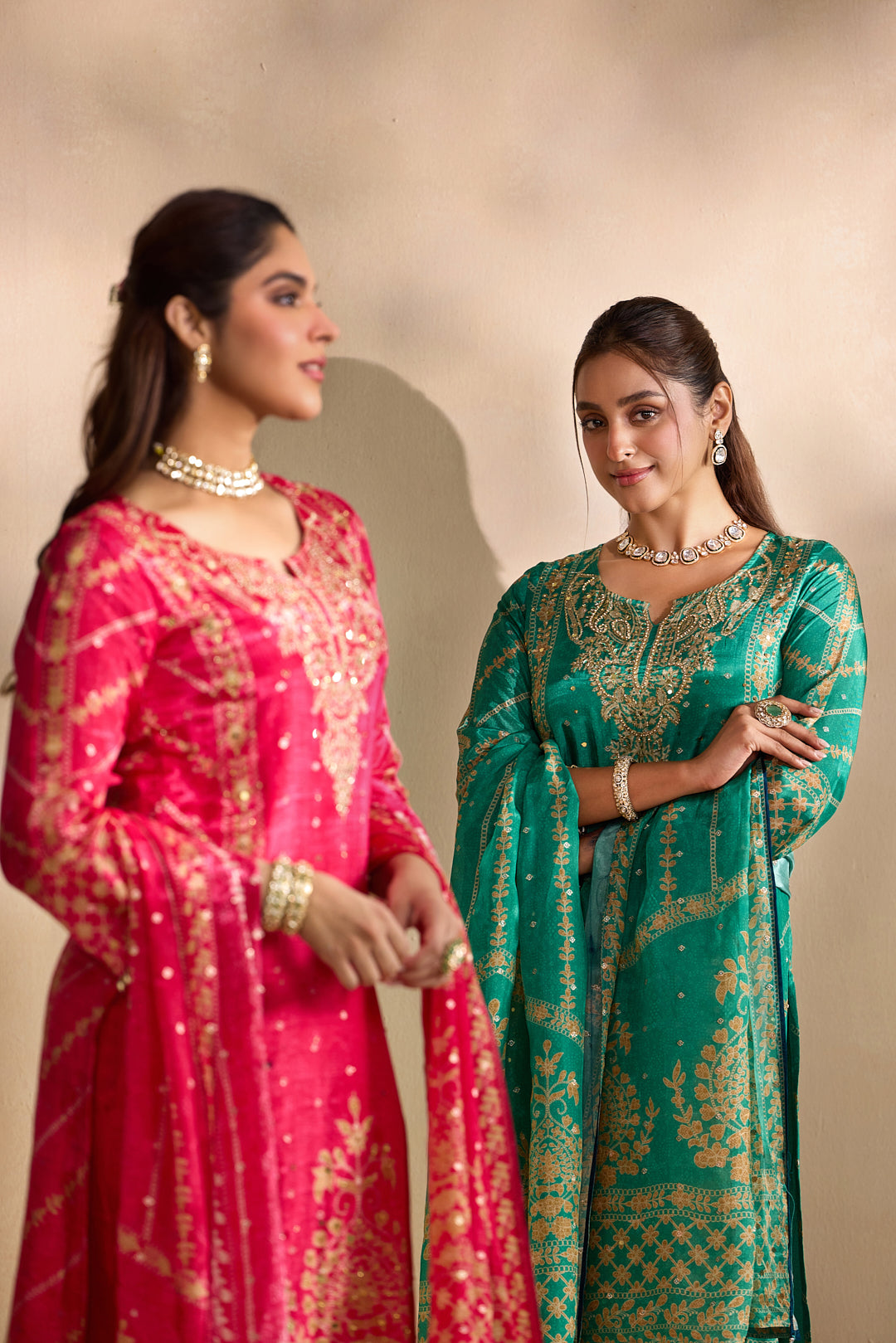 Rani Pink Crepe Foil Printed Three Piece Set