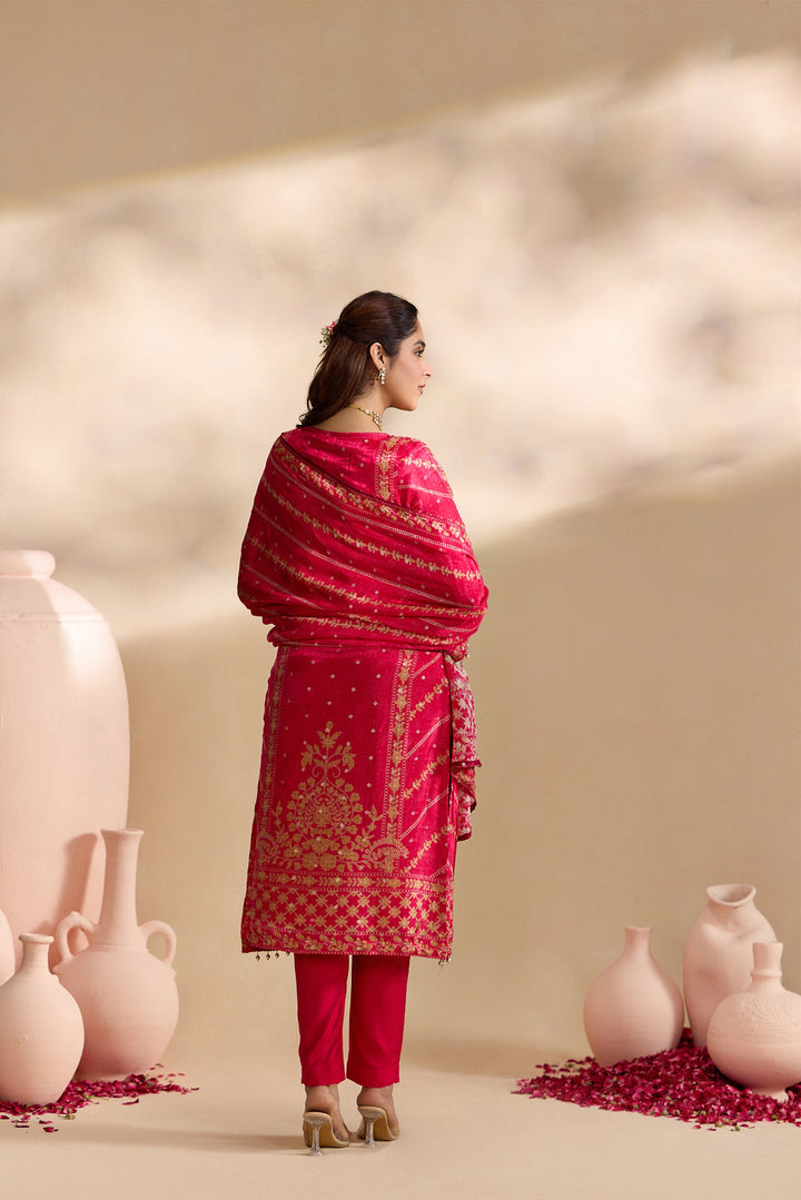 Rani Pink Crepe Foil Printed Three Piece Set