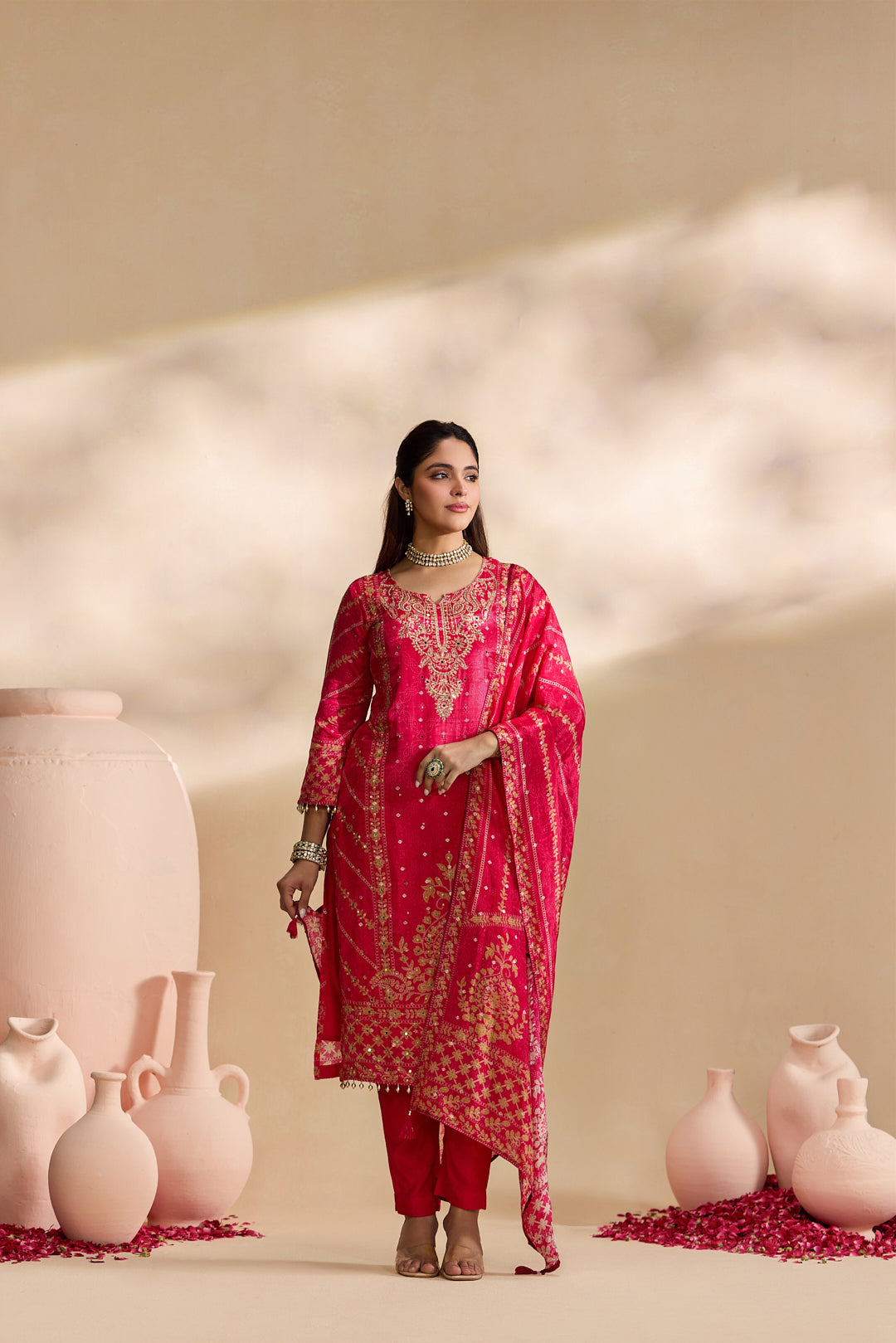 Rani Pink Crepe Foil Printed Three Piece Set