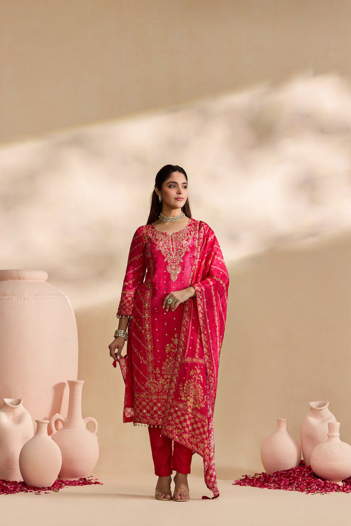 Rani Pink Crepe Foil Printed Three Piece Set