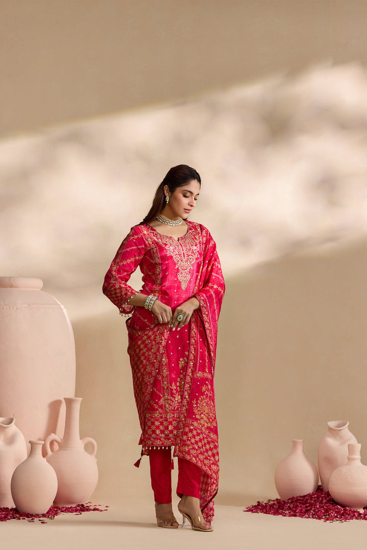 Rani Pink Crepe Foil Printed Three Piece Set