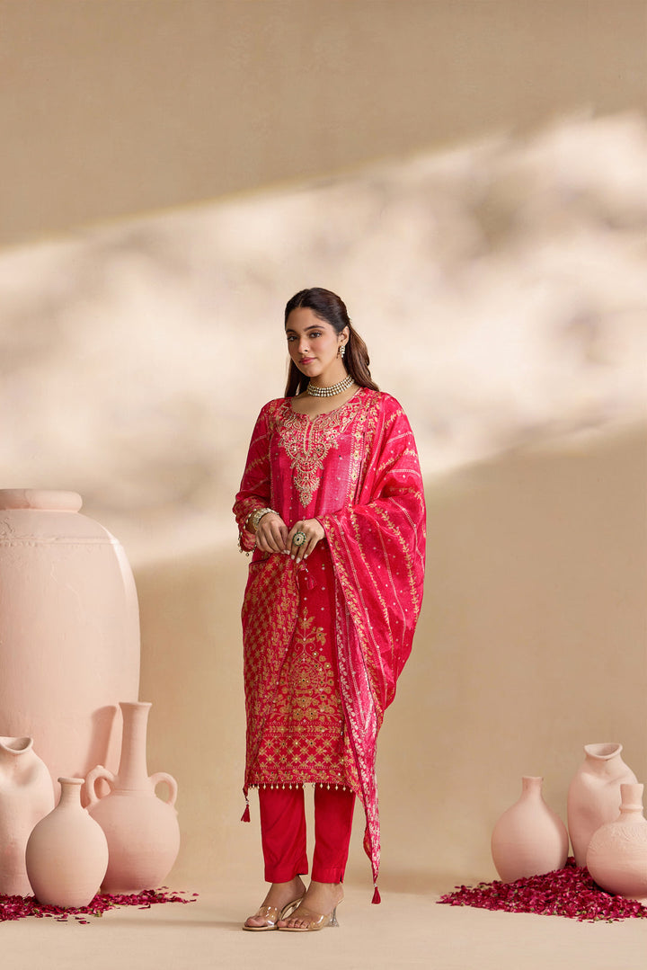 Rani Pink Crepe Foil Printed Three Piece Set