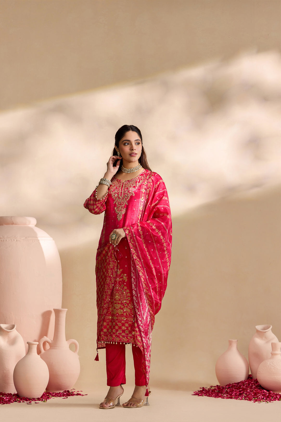 Rani Pink Crepe Foil Printed Three Piece Set