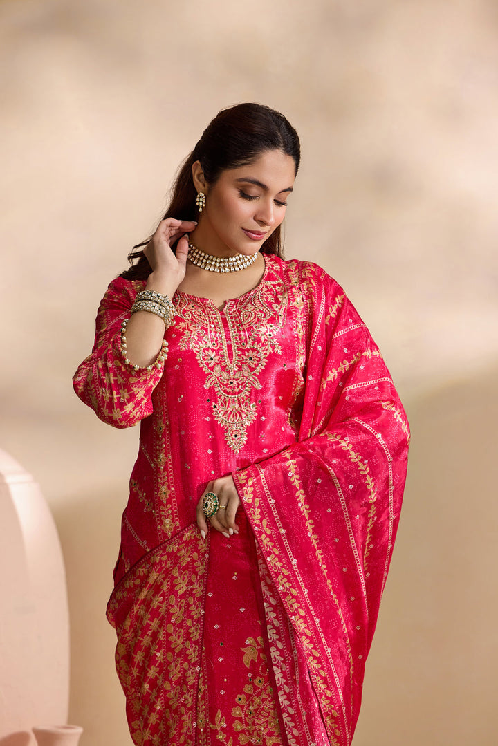 Rani Pink Crepe Foil Printed Three Piece Set