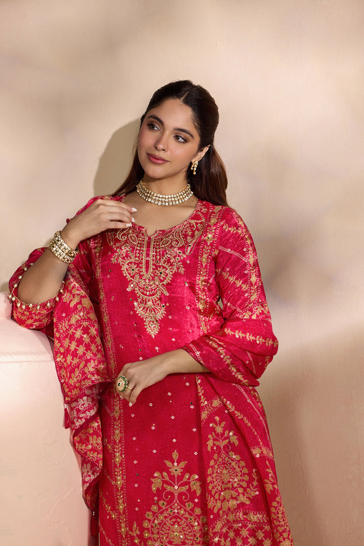 Rani Pink Crepe Foil Printed Three Piece Set