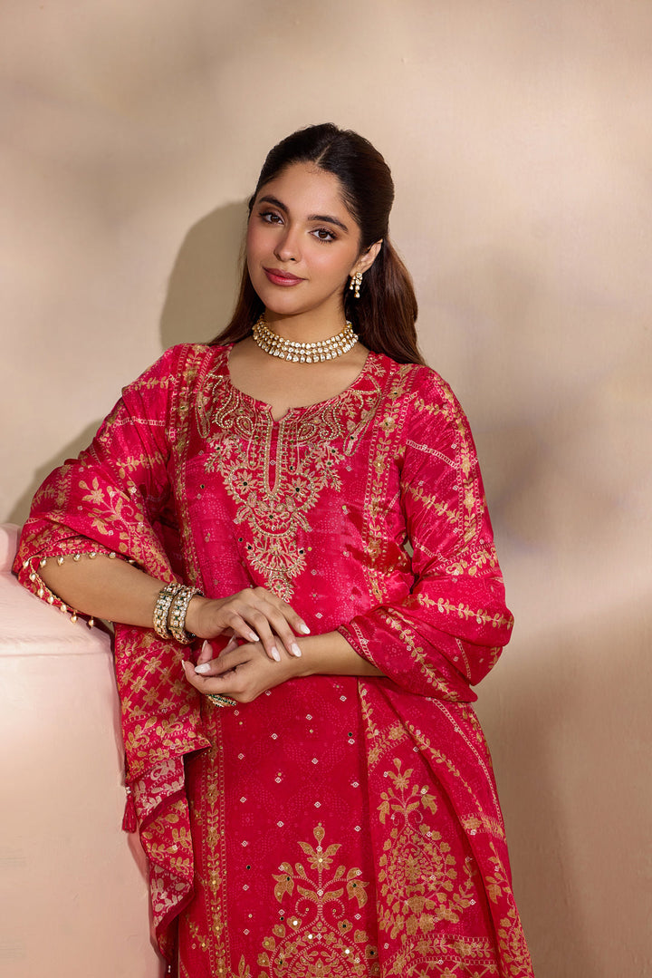 Rani Pink Crepe Foil Printed Three Piece Set