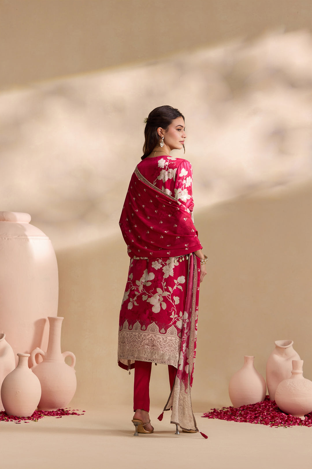 Magenta Crepe Vintage Floral Printed Three Piece Set