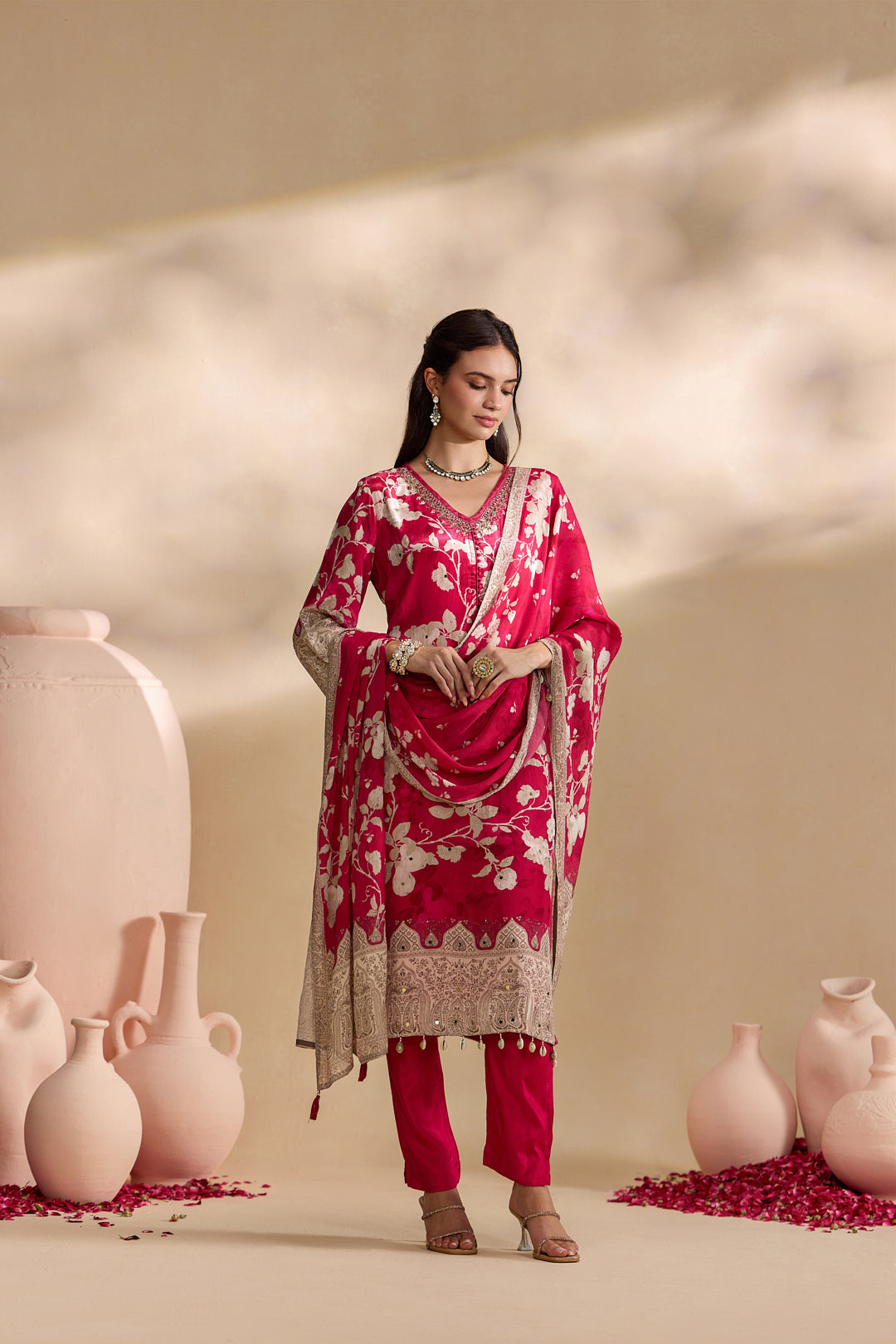 Magenta Crepe Vintage Floral Printed Three Piece Set