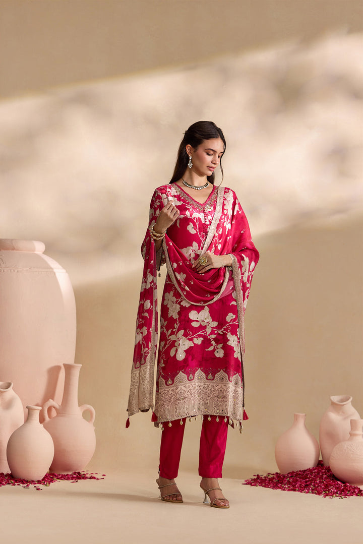 Magenta Crepe Vintage Floral Printed Three Piece Set