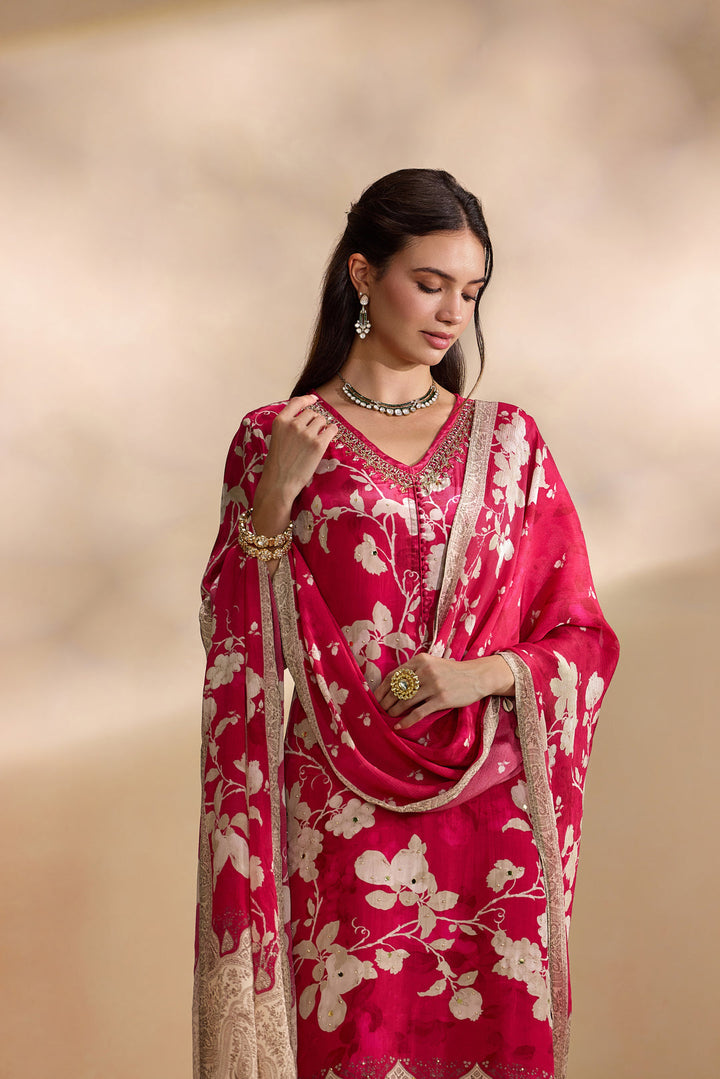 Magenta Crepe Vintage Floral Printed Three Piece Set
