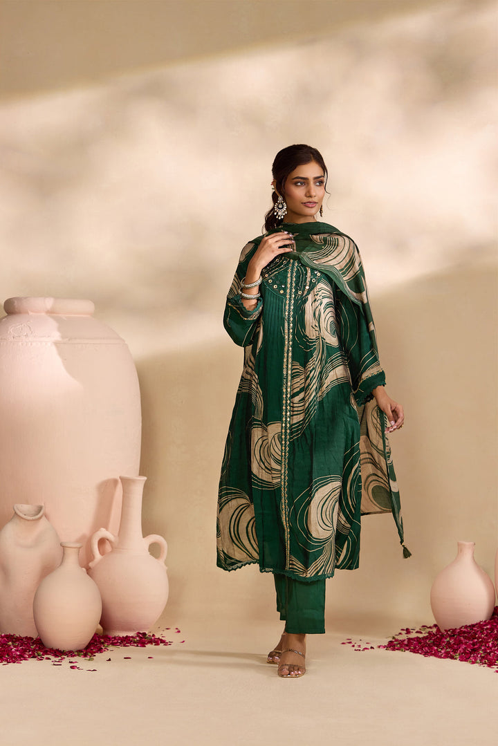 Bottle Green Chanderi Abstract Swirl Printed Three Piece Set