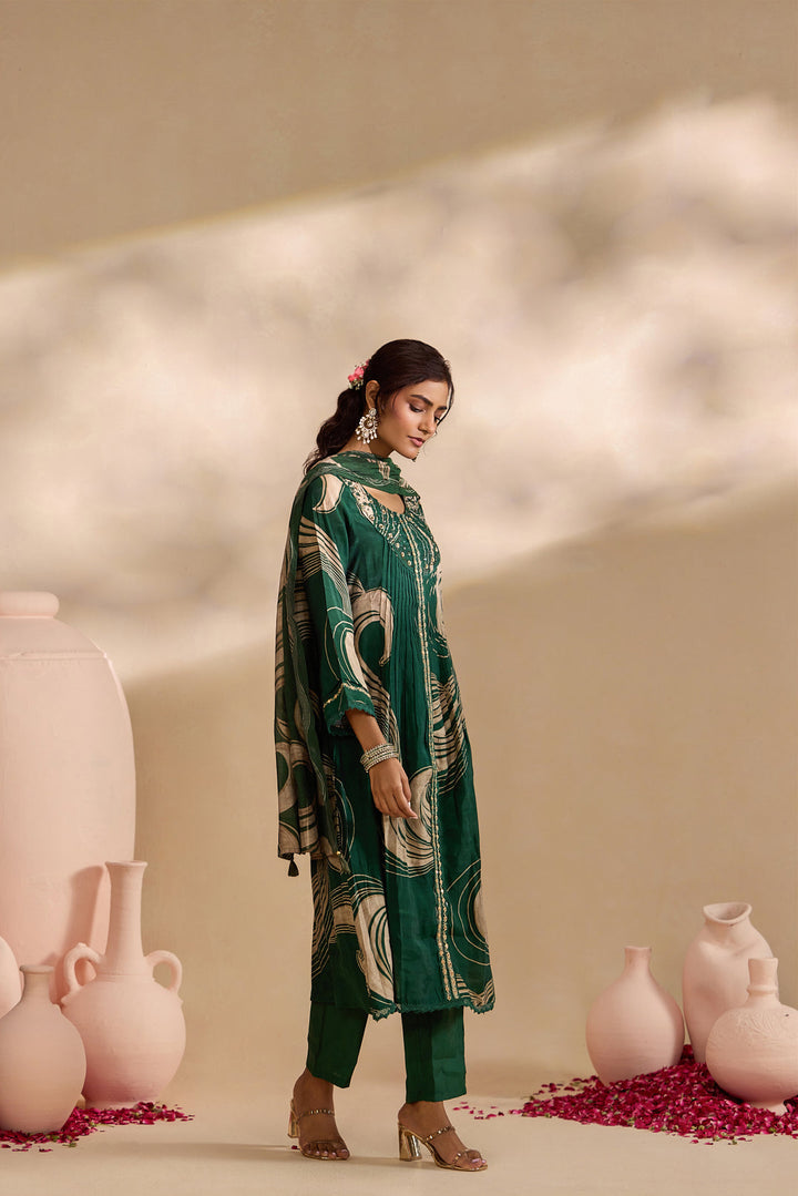 Bottle Green Chanderi Abstract Swirl Printed Three Piece Set