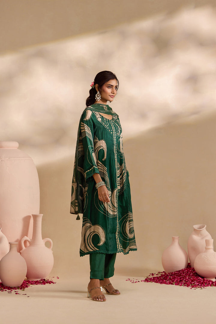 Bottle Green Chanderi Abstract Swirl Printed Three Piece Set
