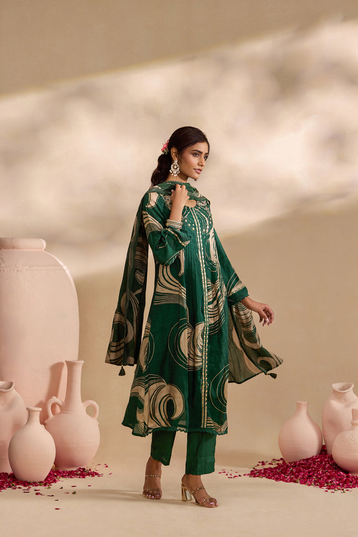 Bottle Green Chanderi Abstract Swirl Printed Three Piece Set