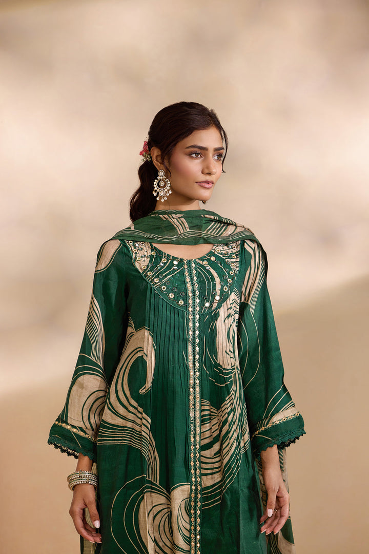 Bottle Green Chanderi Abstract Swirl Printed Three Piece Set