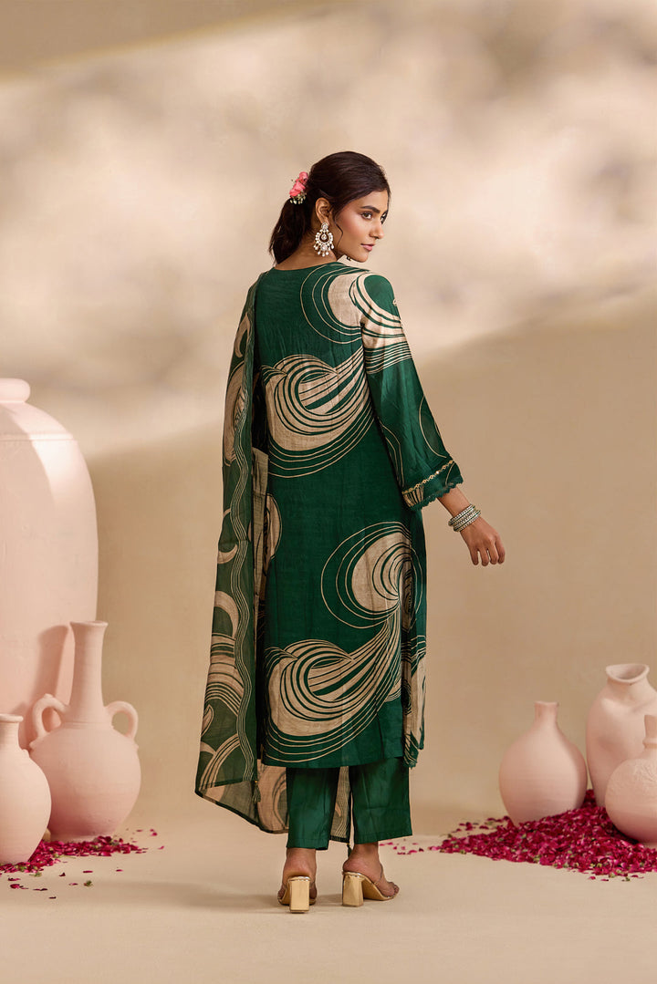 Bottle Green Chanderi Abstract Swirl Printed Three Piece Set