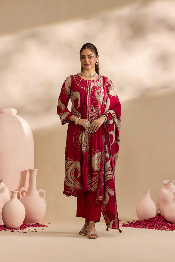 Maroon Chanderi Abstract Swirl Printed Three Piece Set